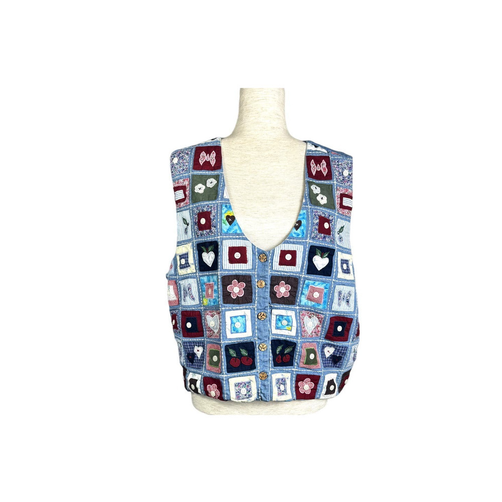 Vintage Blair Colorful Patchwork Grandma Teacher Cottagecore Vest 100% Cotton XL